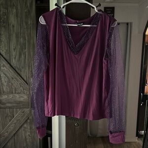 Elegant Purple Blouse with Sheer Lace Sleeves